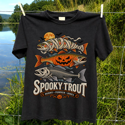Spooky Trout Mummy Pumpkin Bones Halloween Fishing T-Shirt