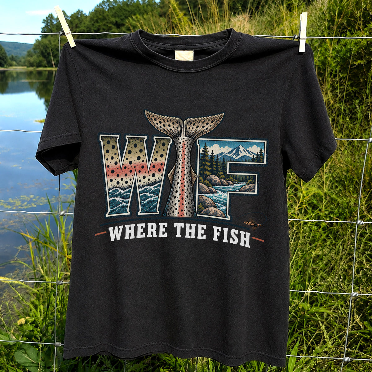 WTF Where the Fish Trout River Mountain Fishing T-Shirt