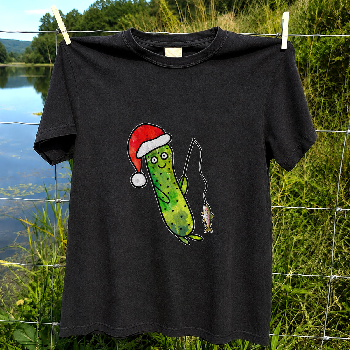 Santa Hat Cucumber Fishing for Trout Graphic T-Shirt
