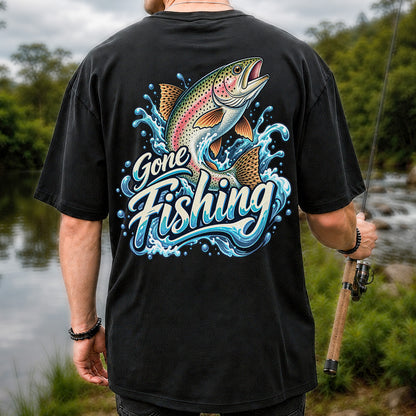 Gone Fishing Jumping Rainbow Trout Splash Graphic T-Shirt | Back Print