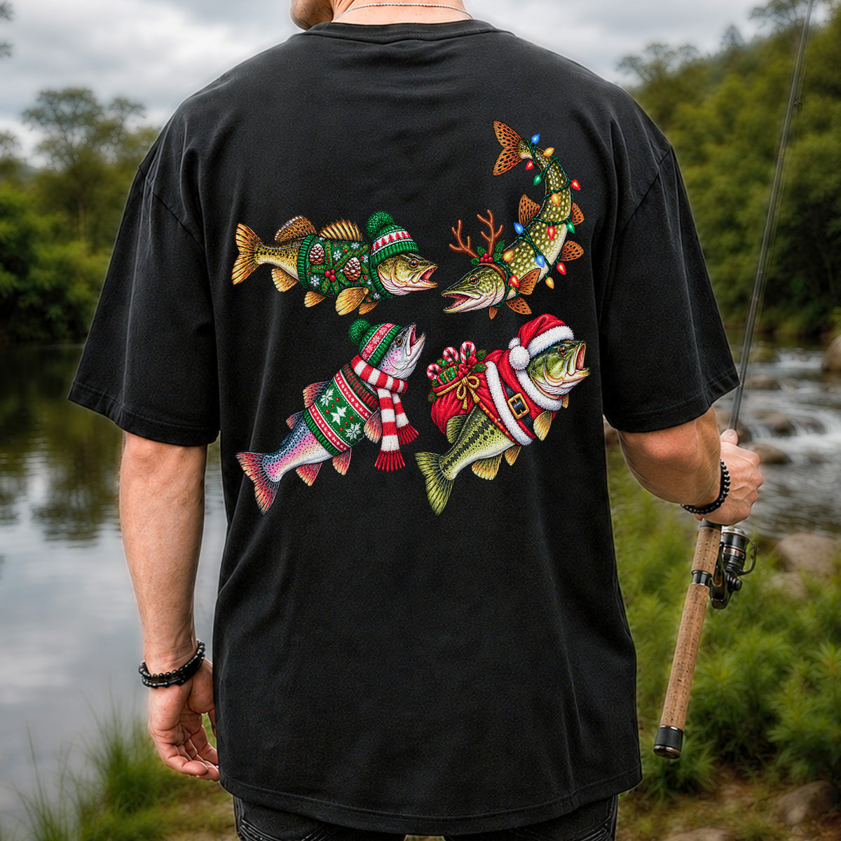 Festive Christmas Fish Wearing Holiday Sweaters Fishing T-Shirt | Back Print