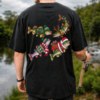Festive Christmas Fish Wearing Holiday Sweaters Fishing T-Shirt | Back Print