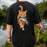 Cat Holding Trout Funny Fishing Graphic T-Shirt | Back Print