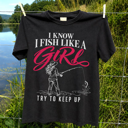 Funny Woman Fishing Graphic T-Shirt with Line Art Design