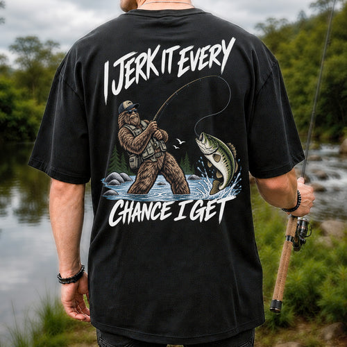 Jerk It Every Chance I Get Bigfoot Fishing Graphic T-Shirt | Back Print