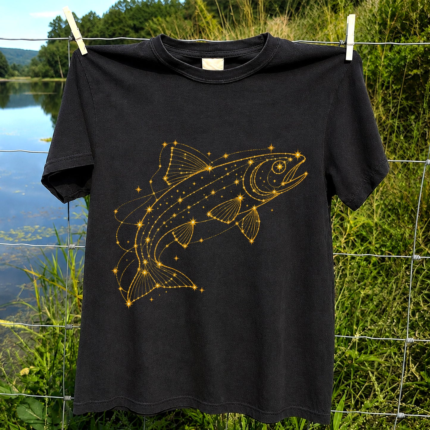 Celestial Trout Constellation Line Art Fishing Graphic T-Shirt