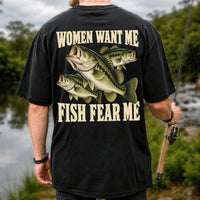 Women Want Me Fish Fear Me Funny Bass Fishing Graphic T-Shirt | Back Print