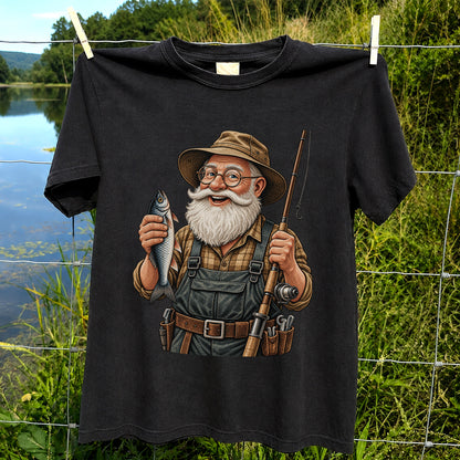 Bearded Angler Holding a Fish and Fishing Rod Graphic T-Shirt