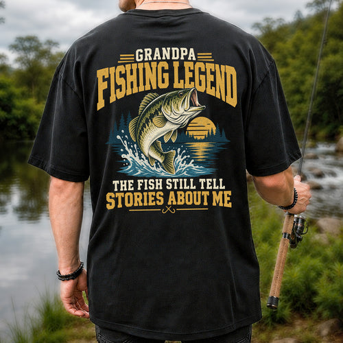 Grandpa Fishing Legend Jumping Bass Vintage Fishing T-Shirt | Back Print