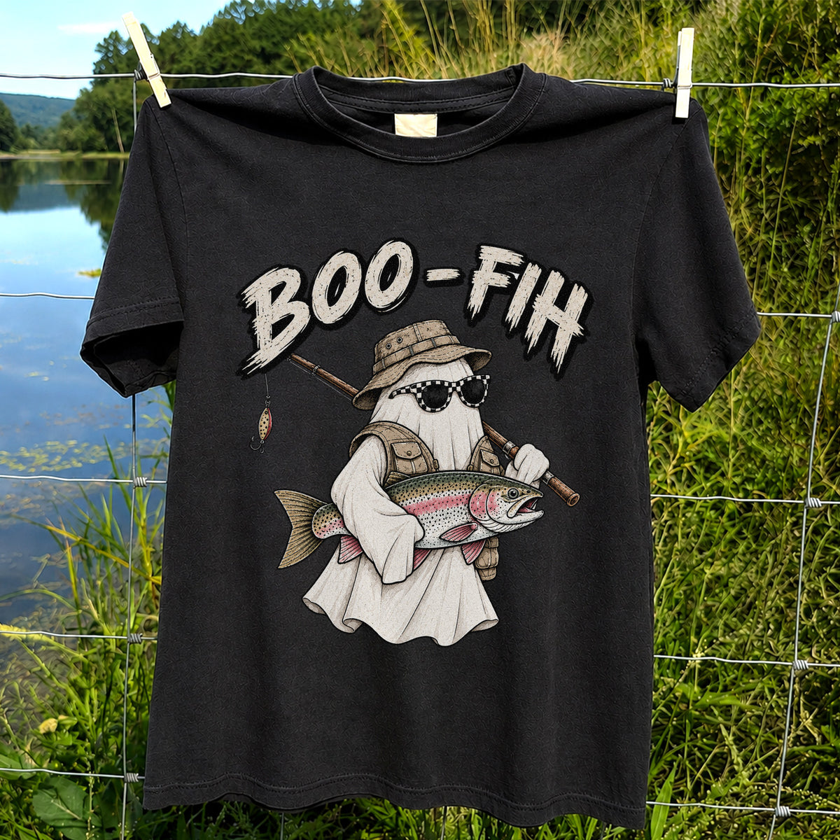 Boo-Fish Ghost Holding Rainbow Trout Fishing Graphic T-Shirt