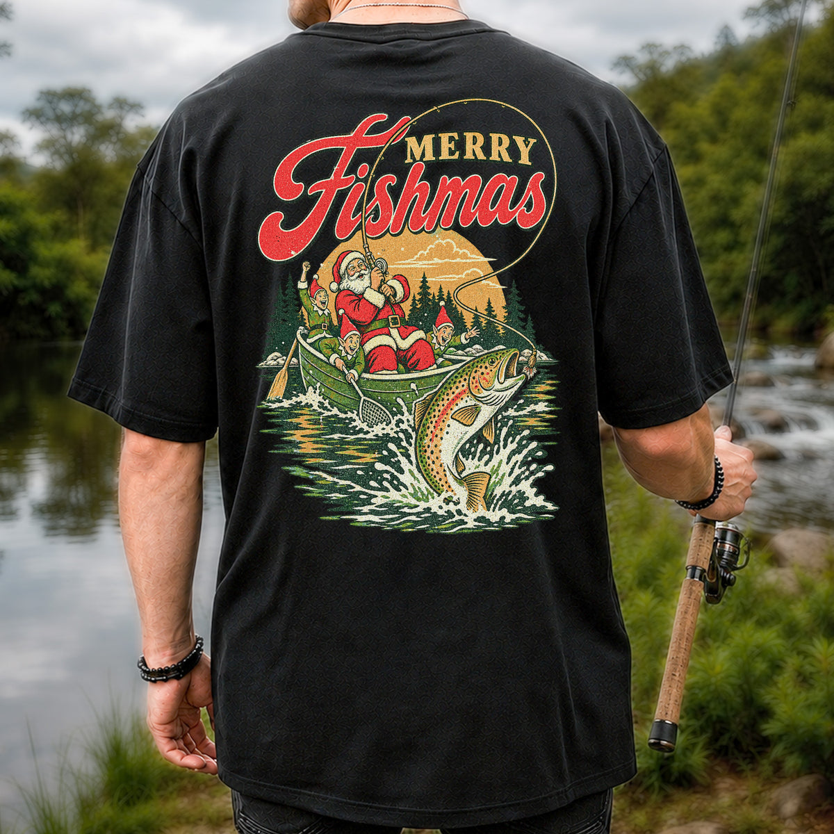 Merry Fishmas Santa and Elves Trout Fishing Christmas T-Shirt | Back Print