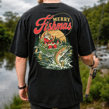 Merry Fishmas Santa and Elves Trout Fishing Christmas T-Shirt | Back Print