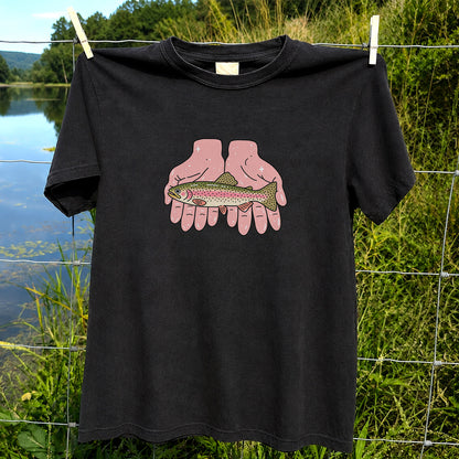 Rainbow Trout Held in Pink Hands Fishing Graphic T-Shirt