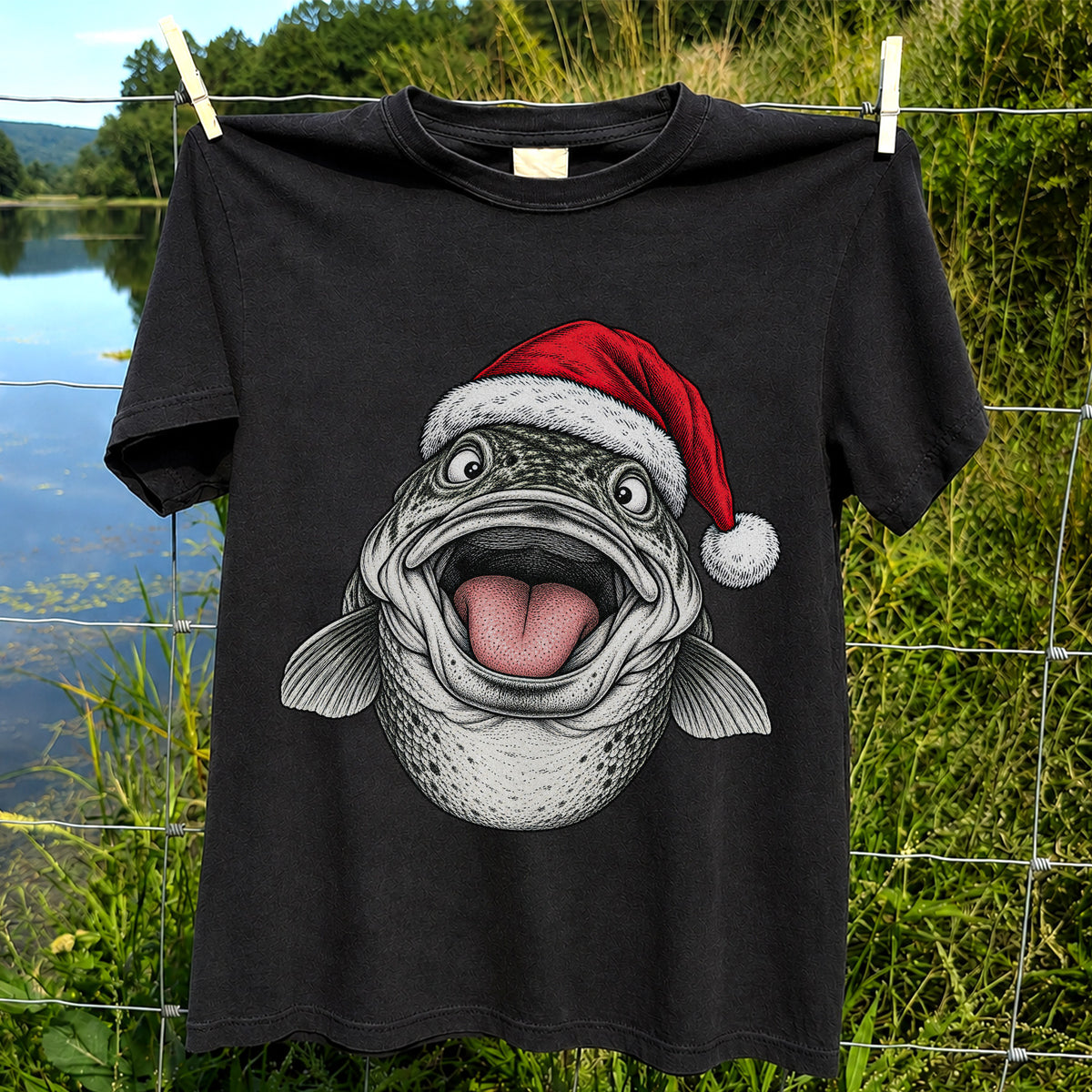 Funny Santa Hat Trout Christmas Fishing Graphic T-Shirt