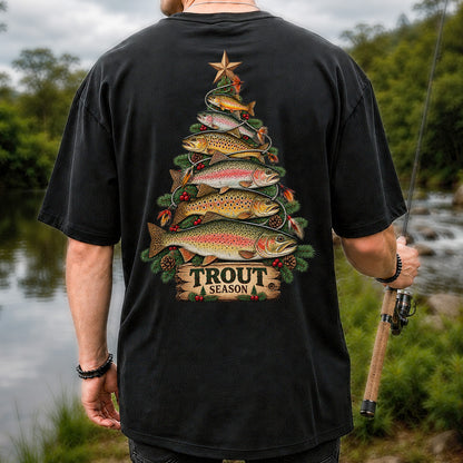 Trout Season Fish Christmas Tree Fishing T-Shirt | Back Print