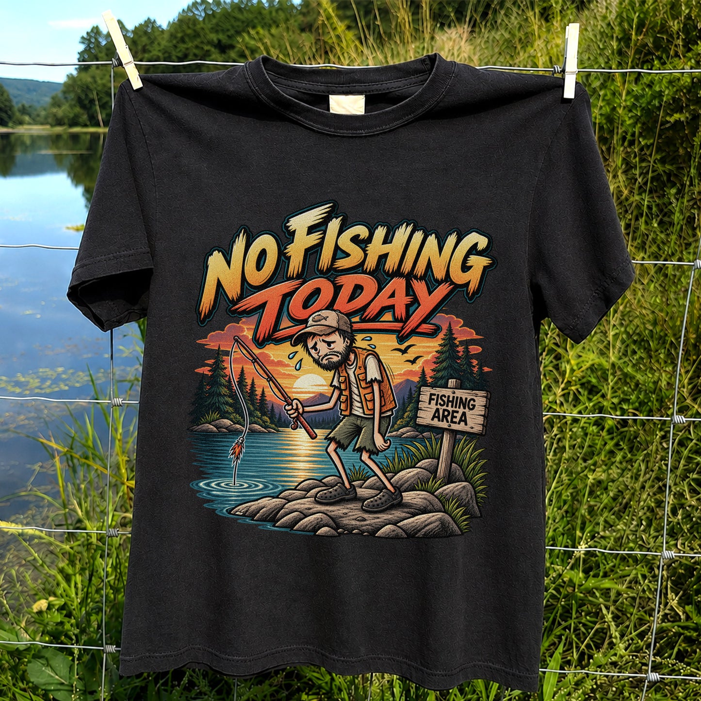 No Fishing Today Sad Angler at the Fishing Area Funny T-Shirt
