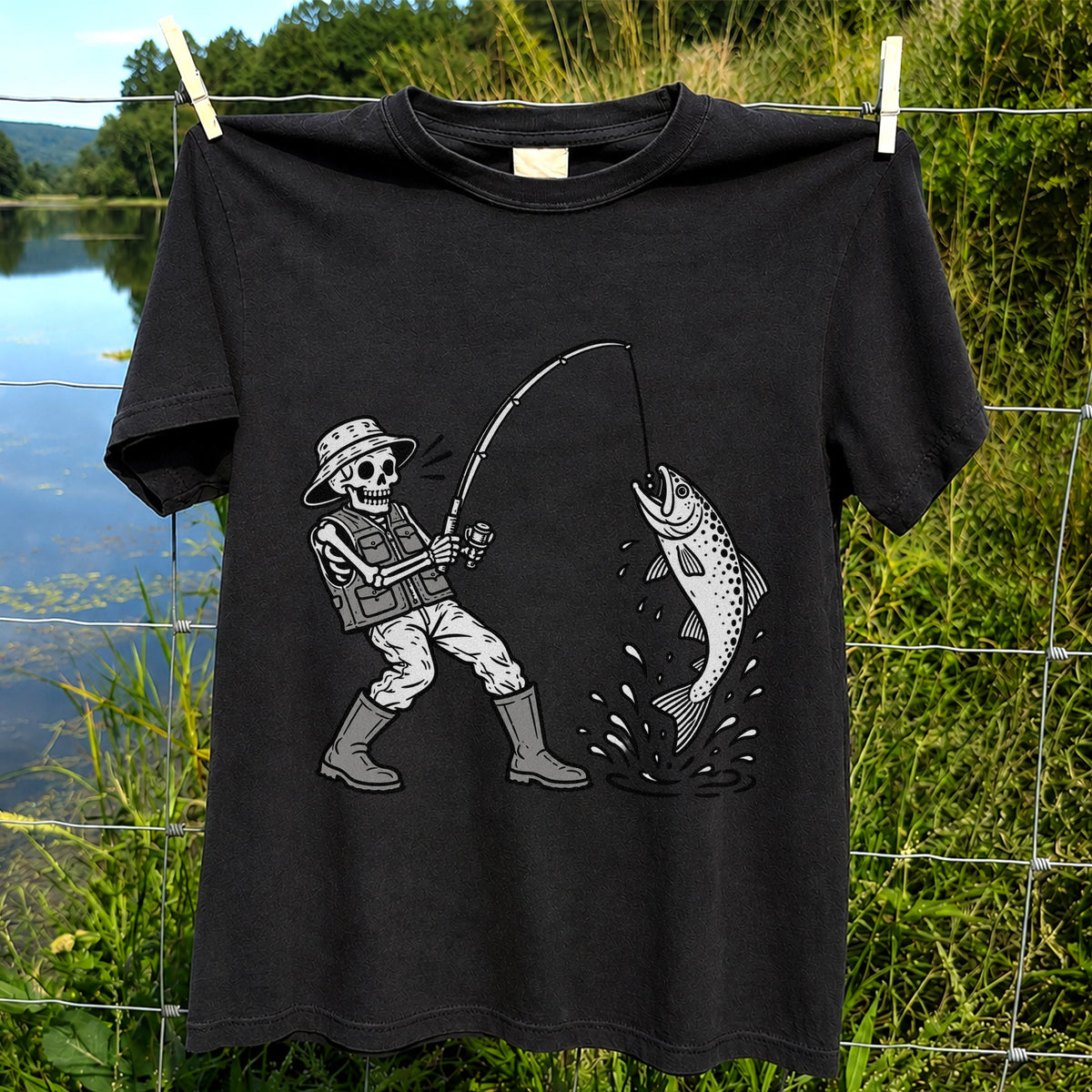 Skeleton Angler Catching a Trout Fishing Graphic T-Shirt