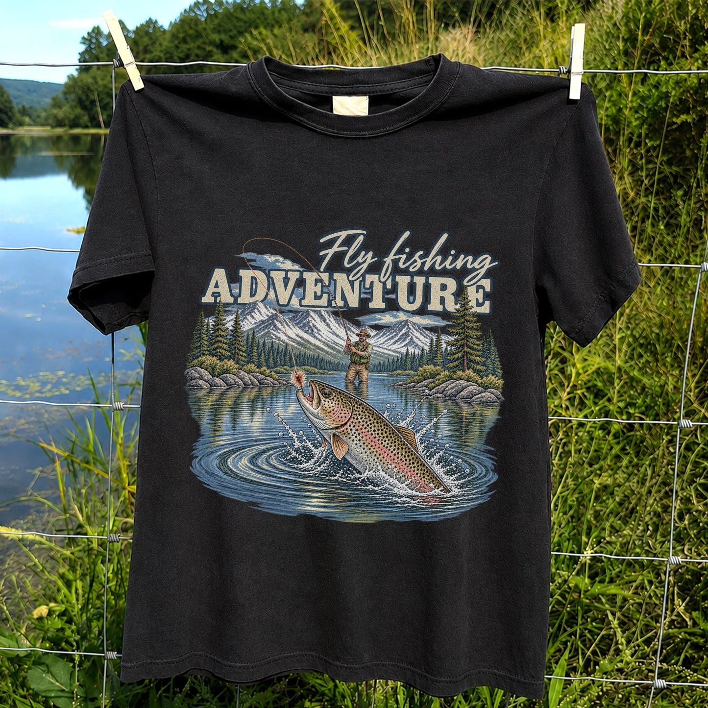 Fly Fishing Adventure Trout Mountain Lake Graphic T-Shirt
