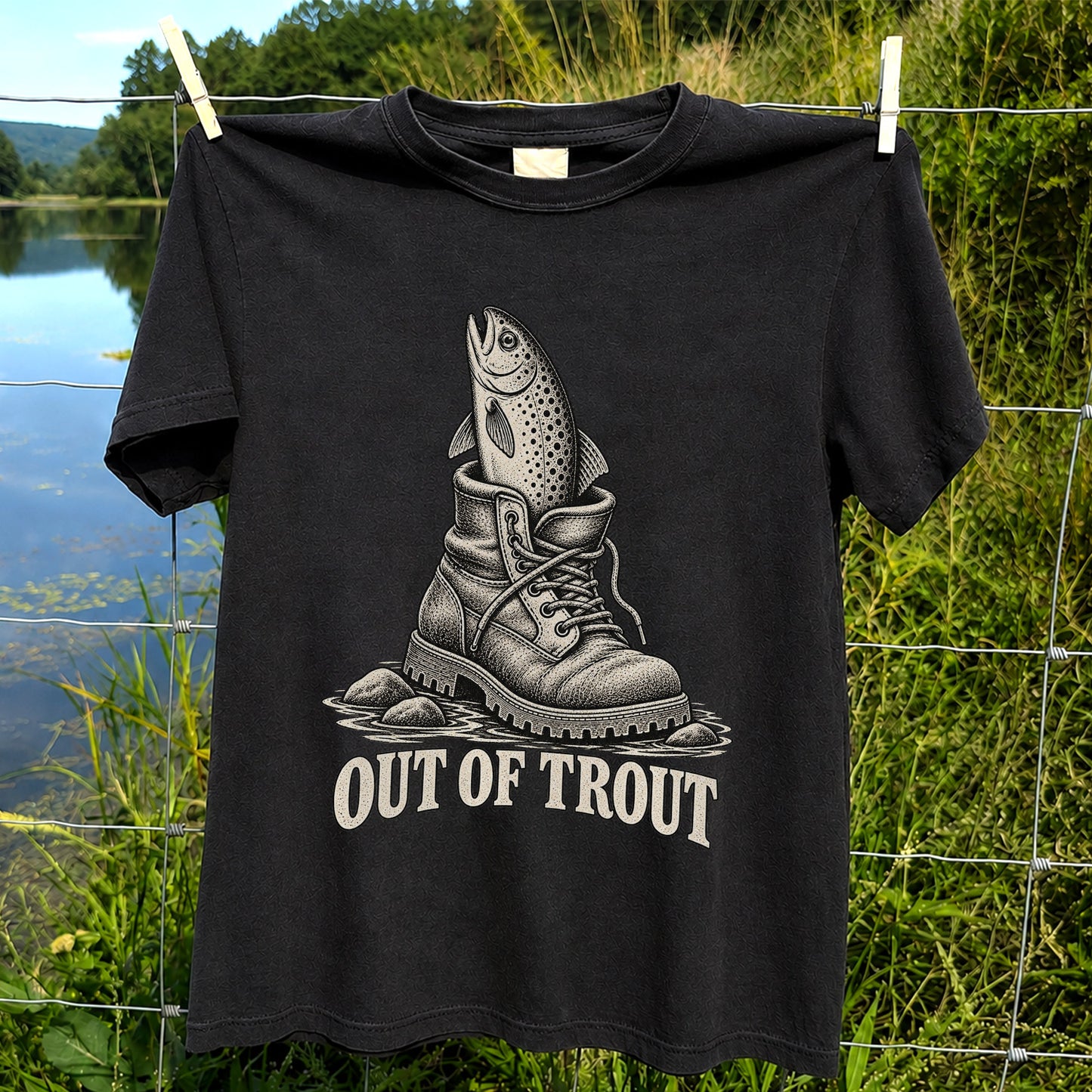 Out of Trout Funny Trout in a Hiking Boot Fishing T-Shirt