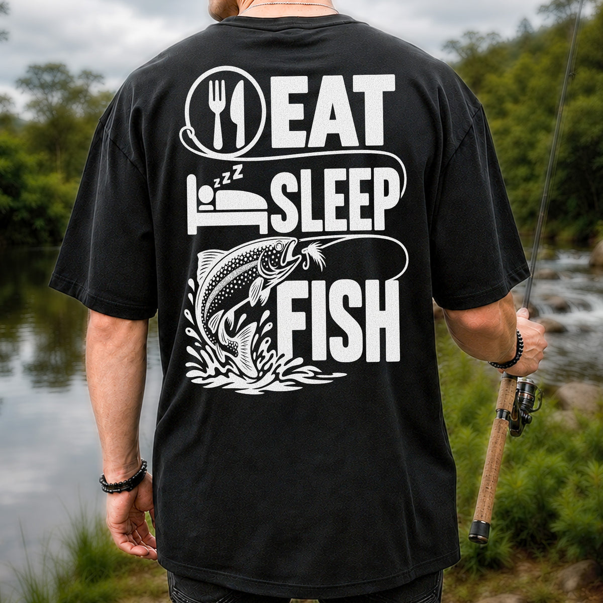 Eat Sleep Fish Trout Fly Fishing Graphic T-Shirt | Back Print
