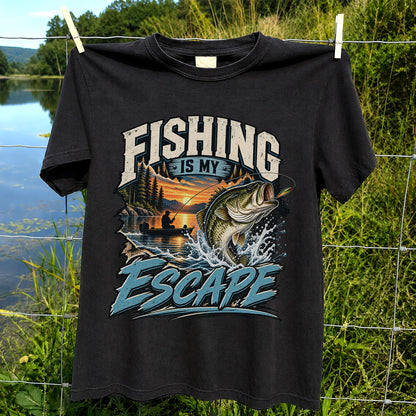 Fishing Is My Escape Jumping Bass and Sunset Lake Graphic T-Shirt
