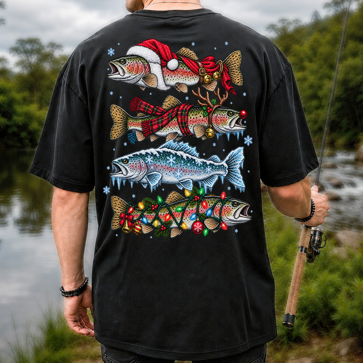 Christmas Rainbow Trout Holiday Fishing Graphic T-Shirt | Back Print
