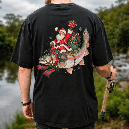 Santa Riding a Festive Rainbow Trout Christmas Fishing Graphic T-Shirt | Back Print