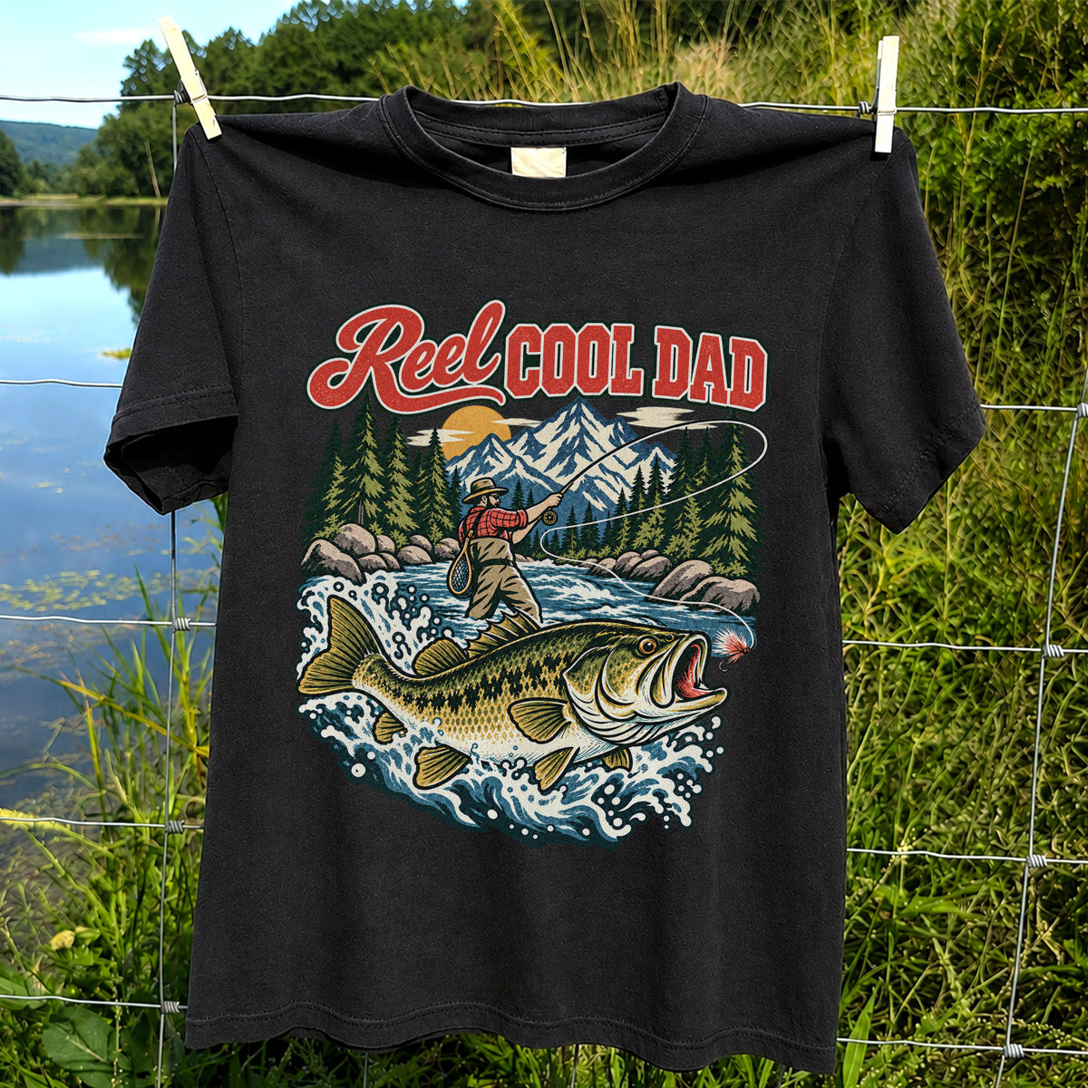 Reel Cool Dad Largemouth Bass Fishing Graphic T-Shirt