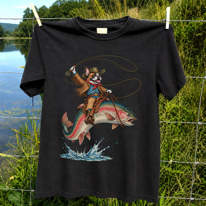 Cowboy French Bulldog Riding a Rainbow Trout Fishing T-Shirt