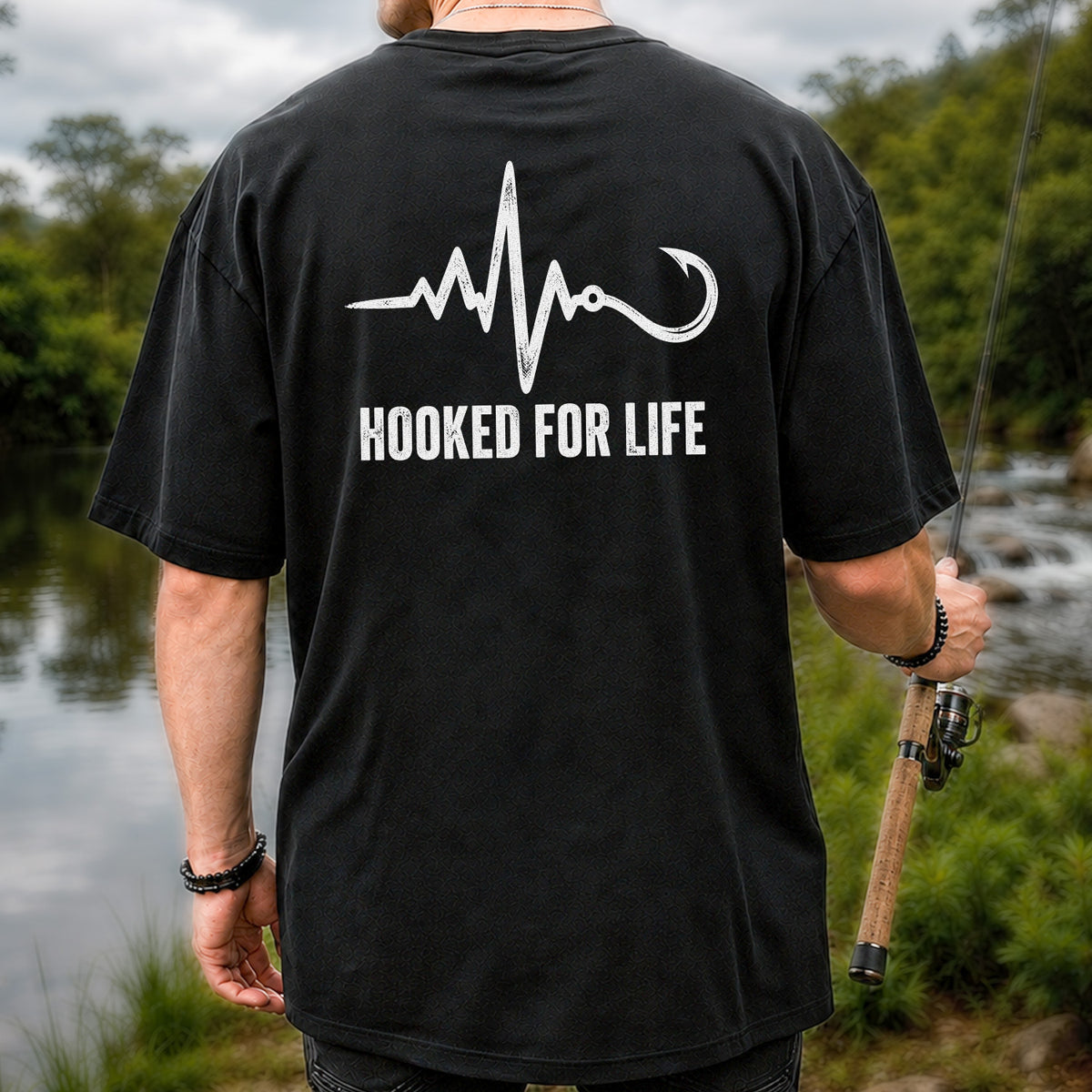 Hooked for Life Fishing Hook Heartbeat Graphic T-Shirt | Back Print