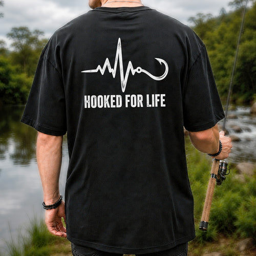 Hooked for Life Fishing Hook Heartbeat Graphic T-Shirt | Back Print