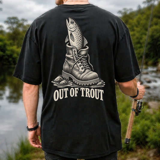 Out of Trout Funny Fish in a Hiking Boot Fishing T-Shirt | Back Print