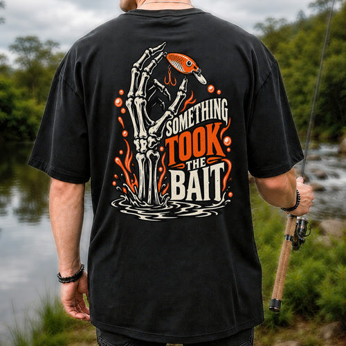 Skeleton Took the Bait Fishing Lure Gothic Graphic T-Shirt | Back Print