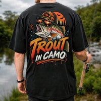 Trout in Camo Halloween Rainbow Trout Fishing Graphic T-Shirt | Back Print