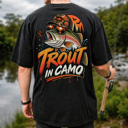 Trout in Camo Halloween Rainbow Trout Fishing Graphic T-Shirt | Back Print