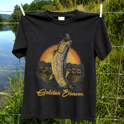 Golden Season Jumping Trout Sunset Fishing Graphic T-Shirt