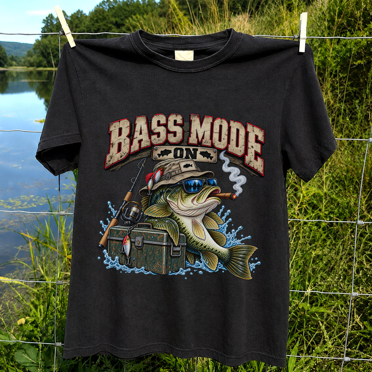 Bass Mode On Funny Bass with Cigar Fishing Graphic T-Shirt