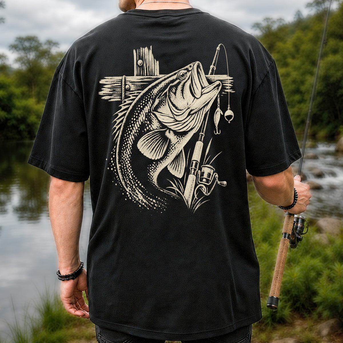 Largemouth Bass Fishing Rod Vintage Graphic T-Shirt | Back Print