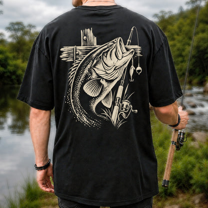Largemouth Bass Fishing Rod Vintage Graphic T-Shirt | Back Print