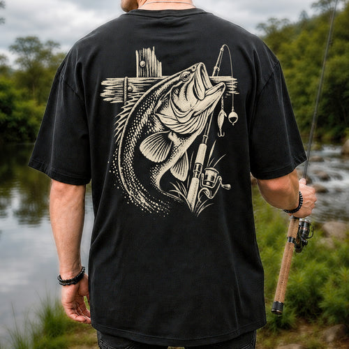Largemouth Bass Fishing Rod Vintage Graphic T-Shirt | Back Print
