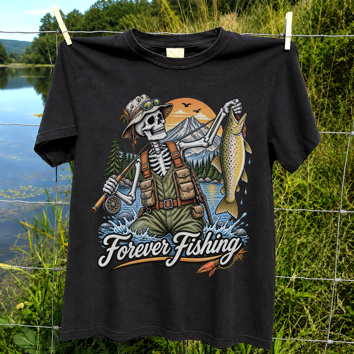 Forever Fishing Skeleton Angler Holding Brown Trout Graphic T-Shirt