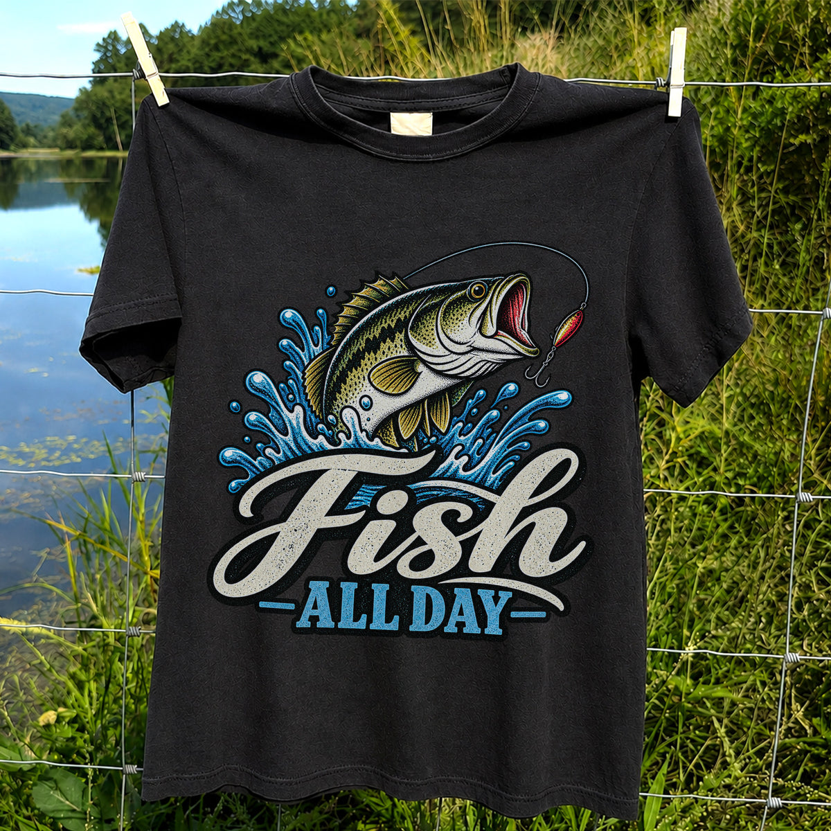 Fish All Day Jumping Bass Fishing Graphic T-Shirt