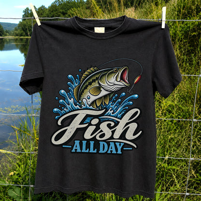 Fish All Day Jumping Bass Fishing Graphic T-Shirt