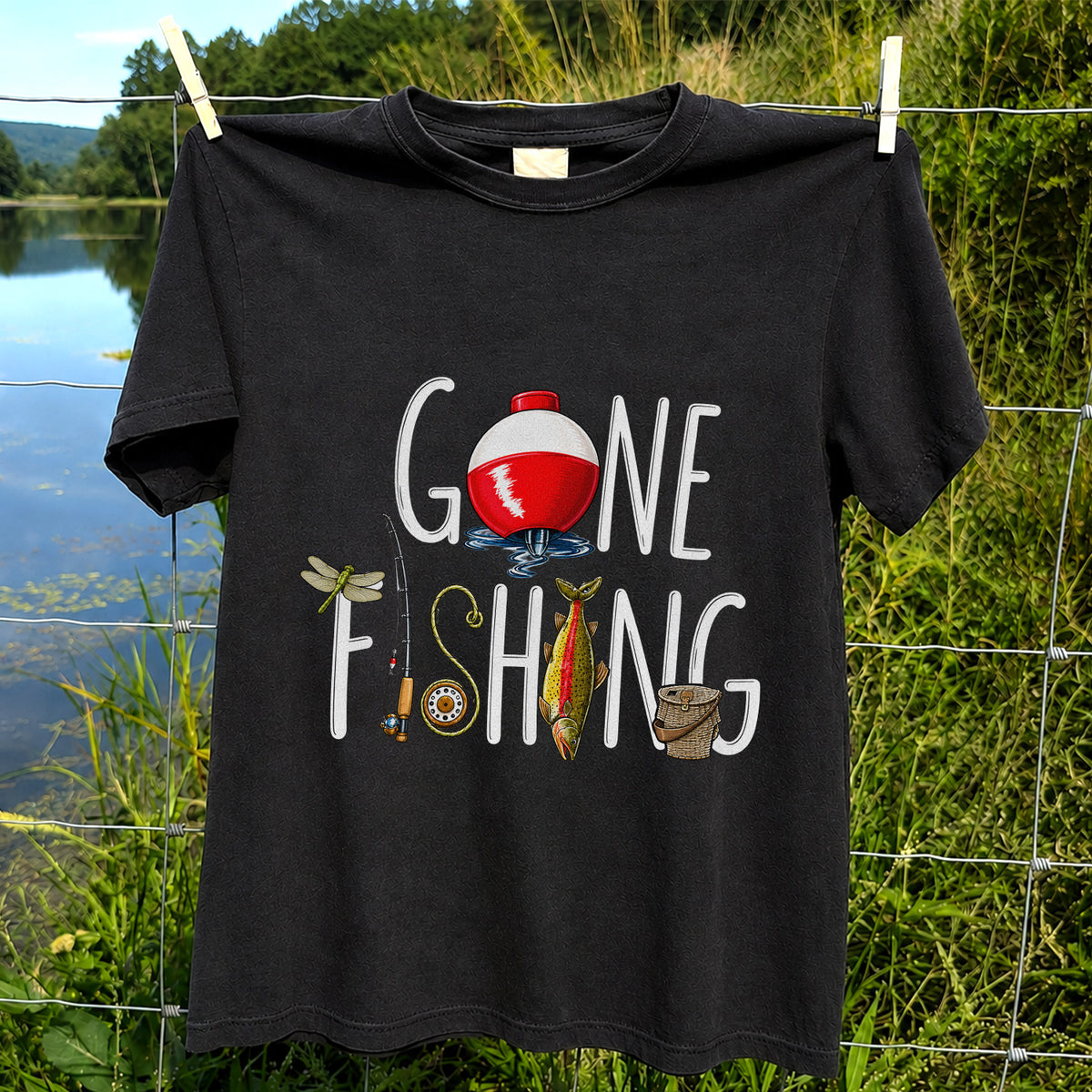 Gone Fishing Bobber Rod and Lure Graphic T-Shirt