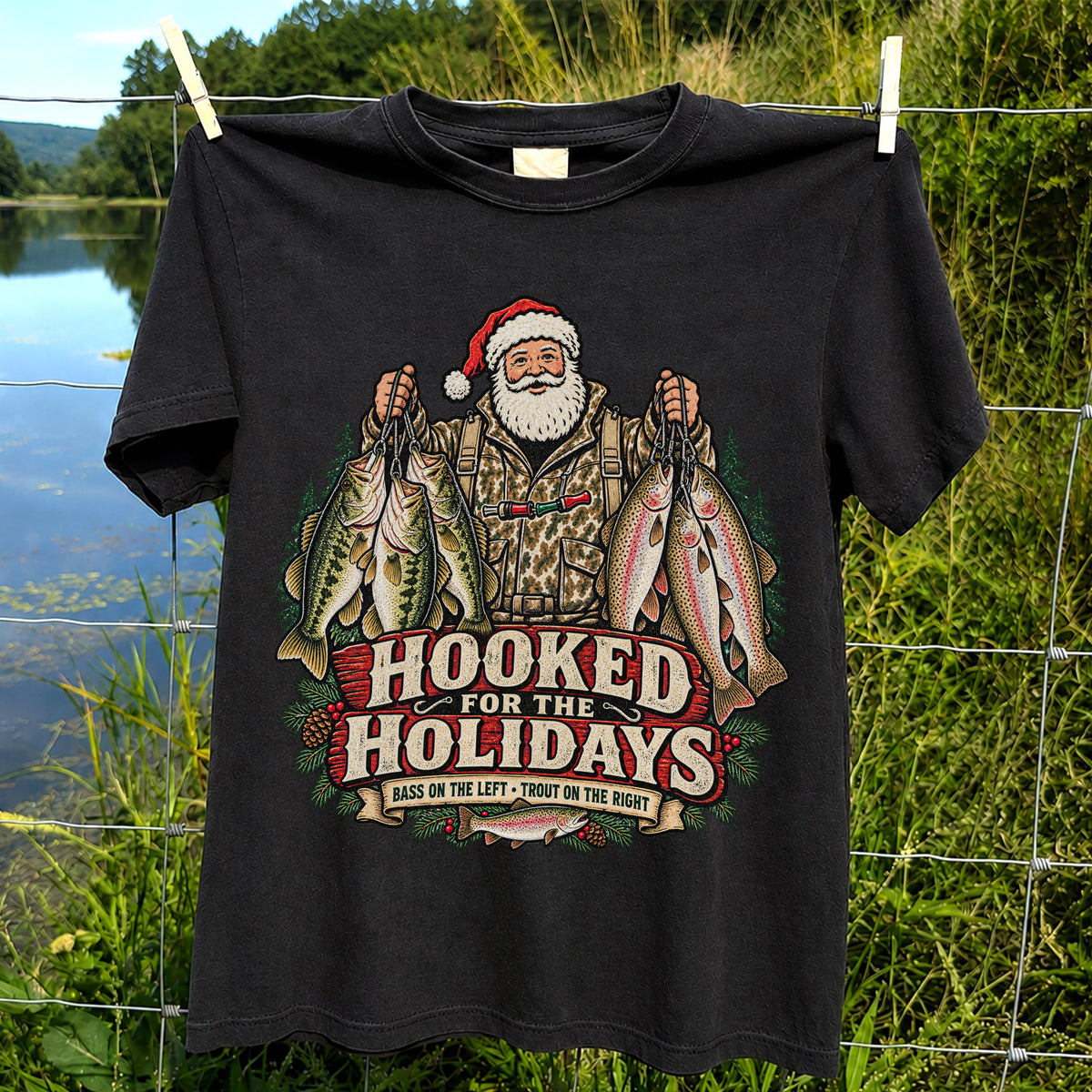 Hooked for the Holidays Bass on the Left Trout on the Right Santa Christmas Fishing T-Shirt