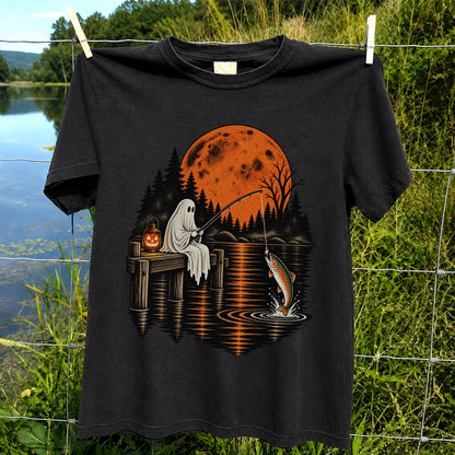 Ghost Fishing for Rainbow Trout Under an Orange Moon Halloween T-Shirt