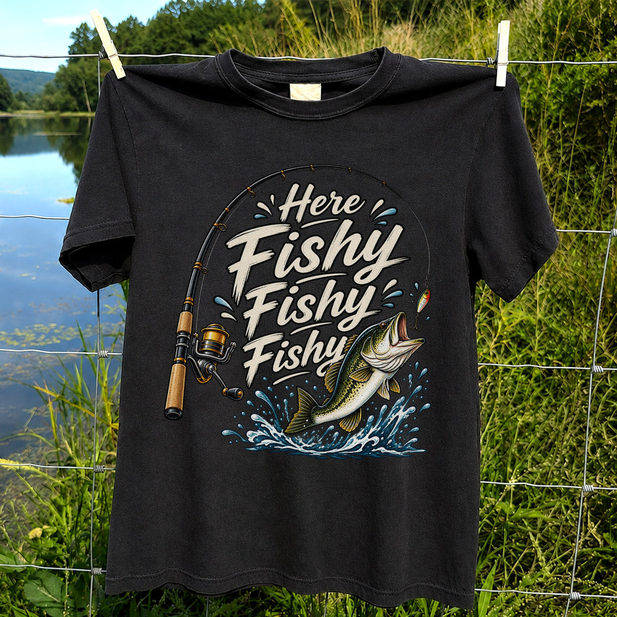 Here Fishy Fishy Fishy Funny Bass Fishing Graphic T-Shirt