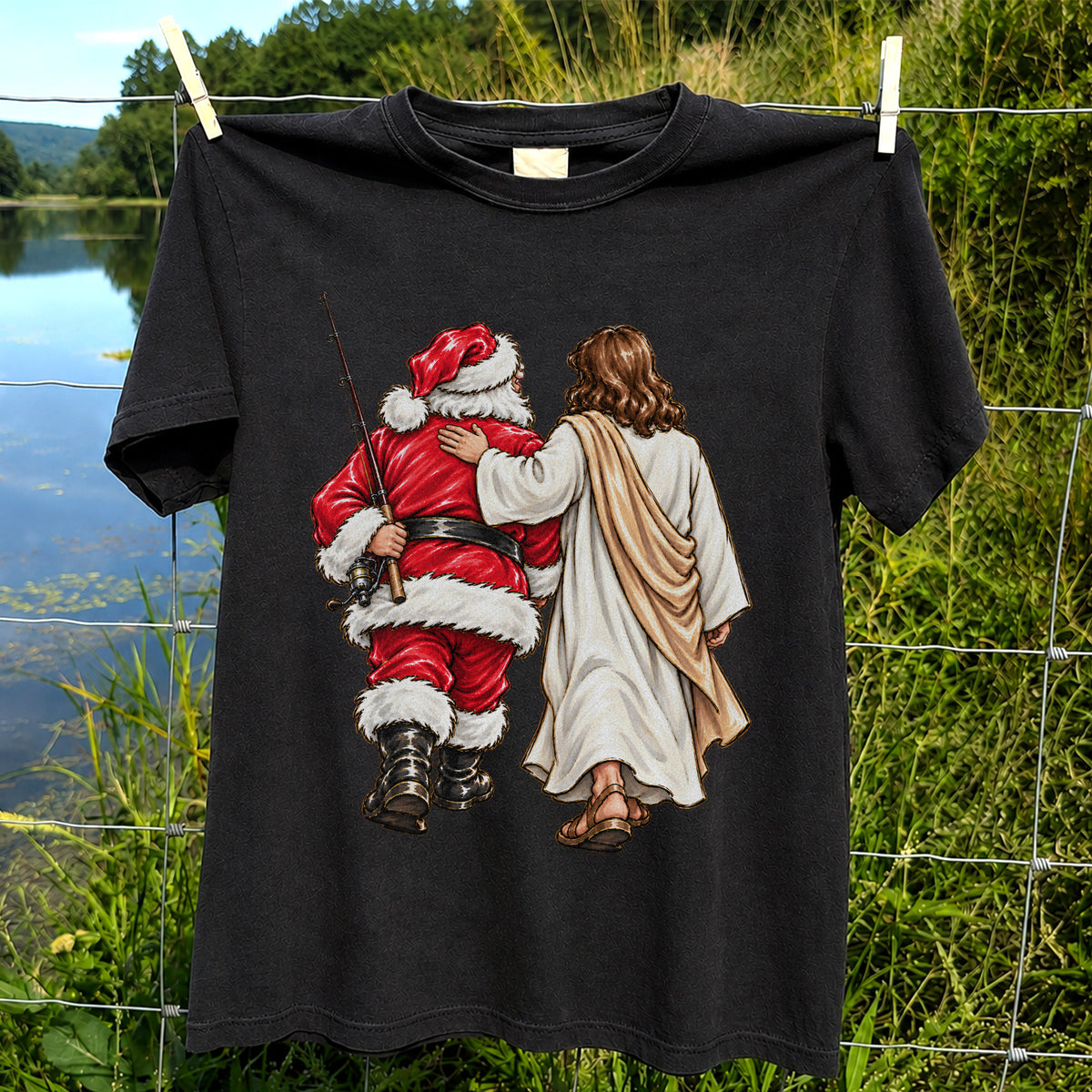 Santa and Robed Companion Fishing Graphic T-Shirt