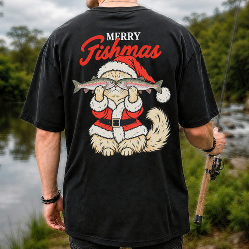 Santa Cat Holding Trout Merry Christmas Fishing T-Shirt | Back Print
