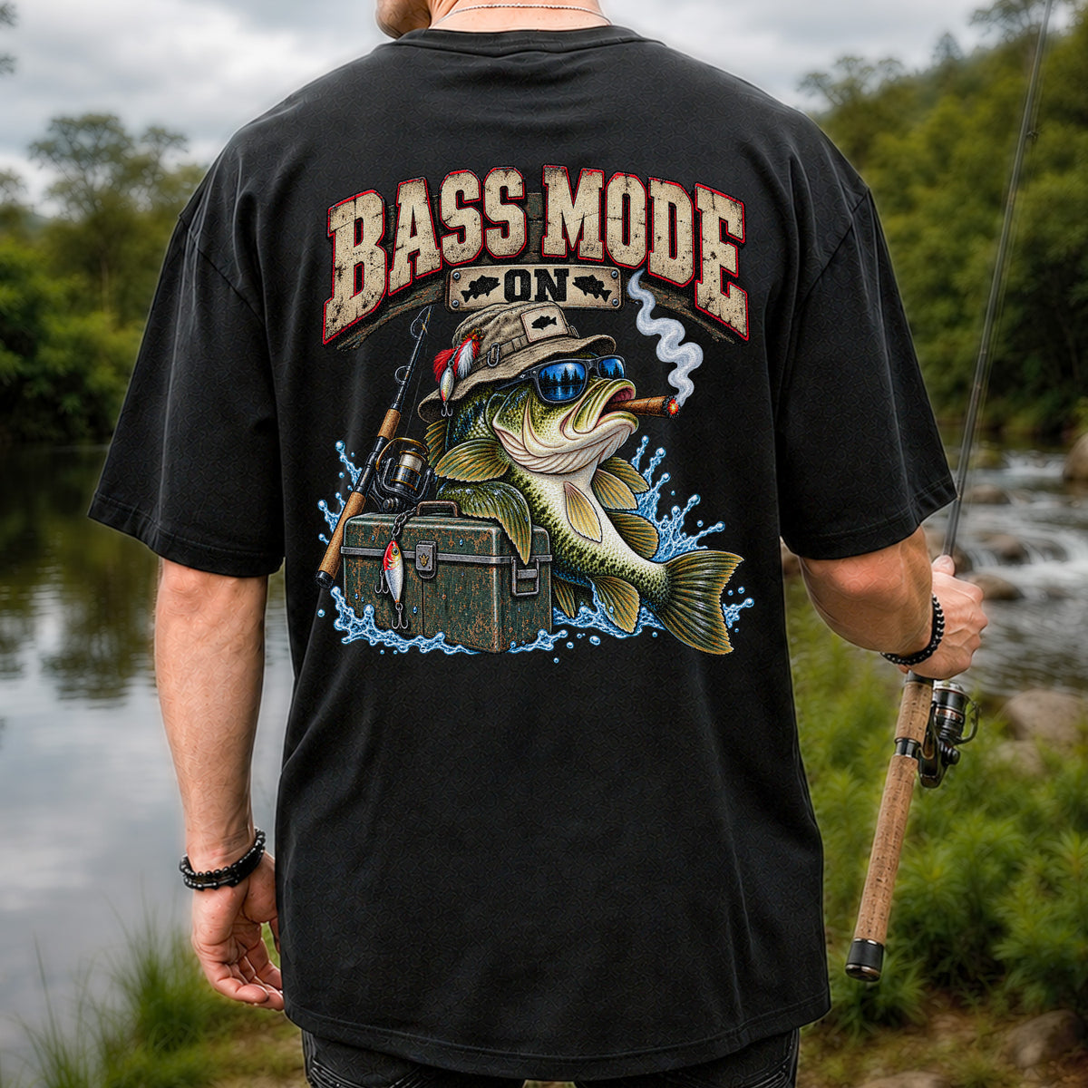 Bass Mode On Funny Bass with Cigar Fishing Graphic T-Shirt | Back Print